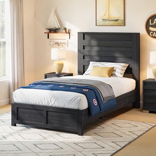 AMERLIFE Farmhouse Twin Bed Frame with Fluted Headboard